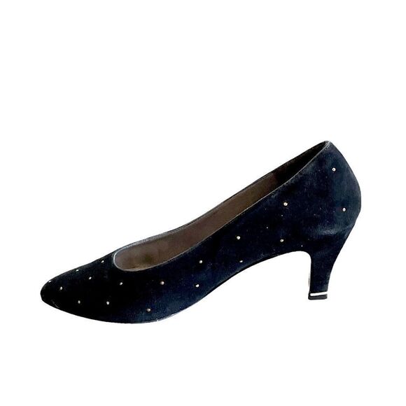 THOMAS WALLACE Vintage Suede Pointy Toe Pumps Heels Stud Detail Black 9 - Picture 7 of 15